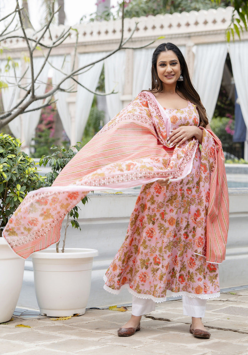 Pink Printed Cotton Suit with Dupatta