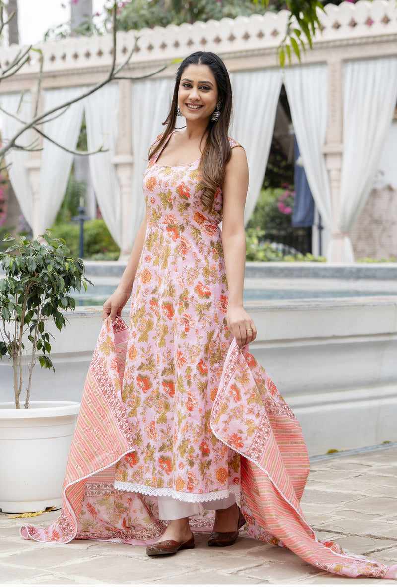 Pink Printed Cotton Suit with Dupatta