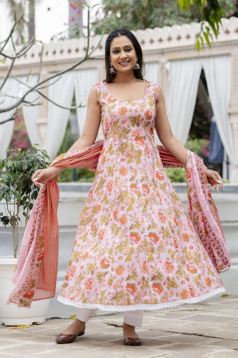 Pink Printed Cotton Suit with Dupatta