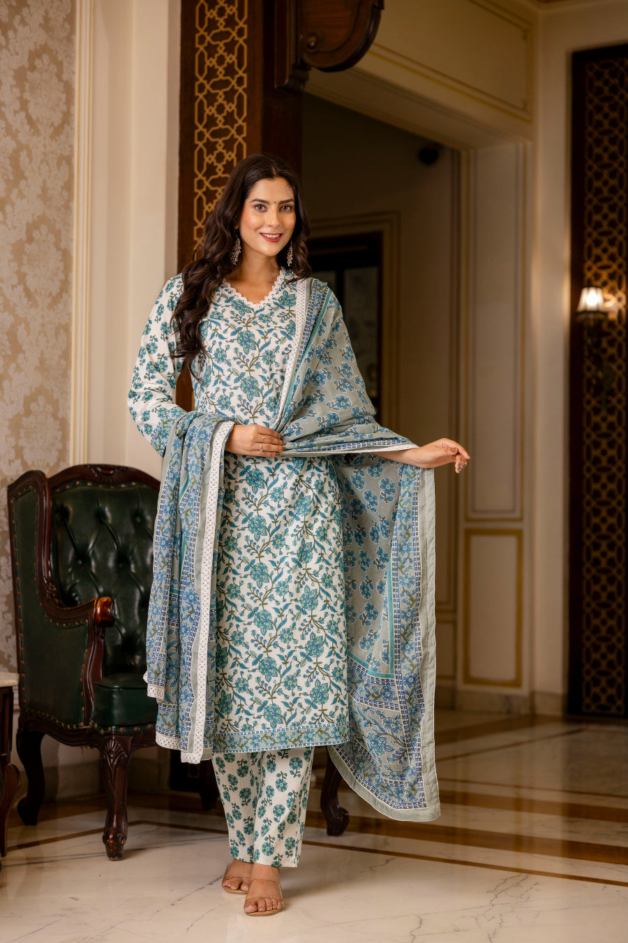 Blue Printed Cotton Suit with Dupatta