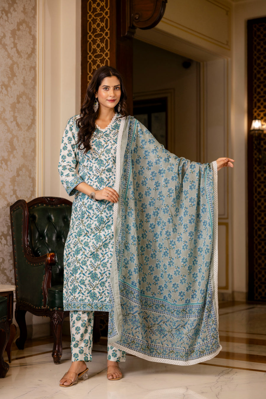 Blue Printed Cotton Suit with Dupatta