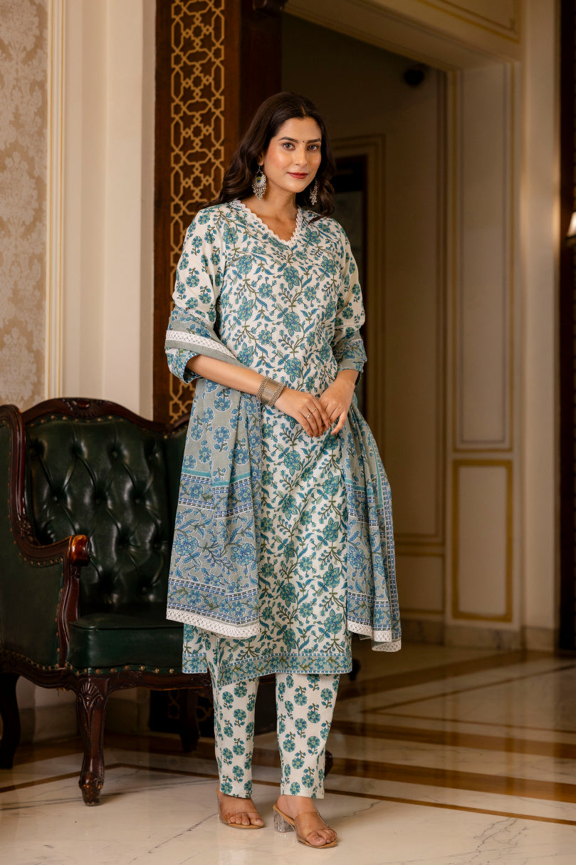 Blue Printed Cotton Suit with Dupatta