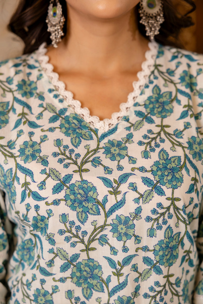 Blue Printed Cotton Suit with Dupatta