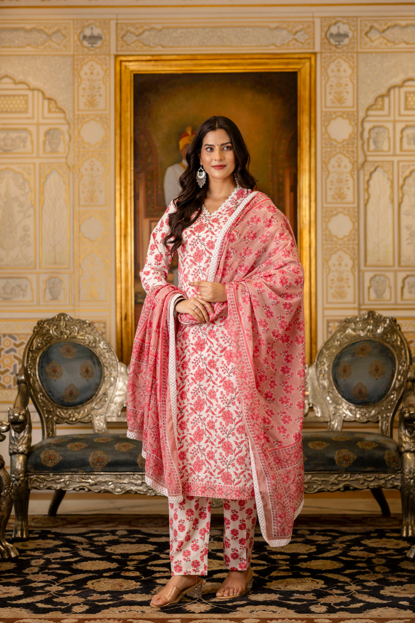 Pink Printed Cotton Suit with Dupatta