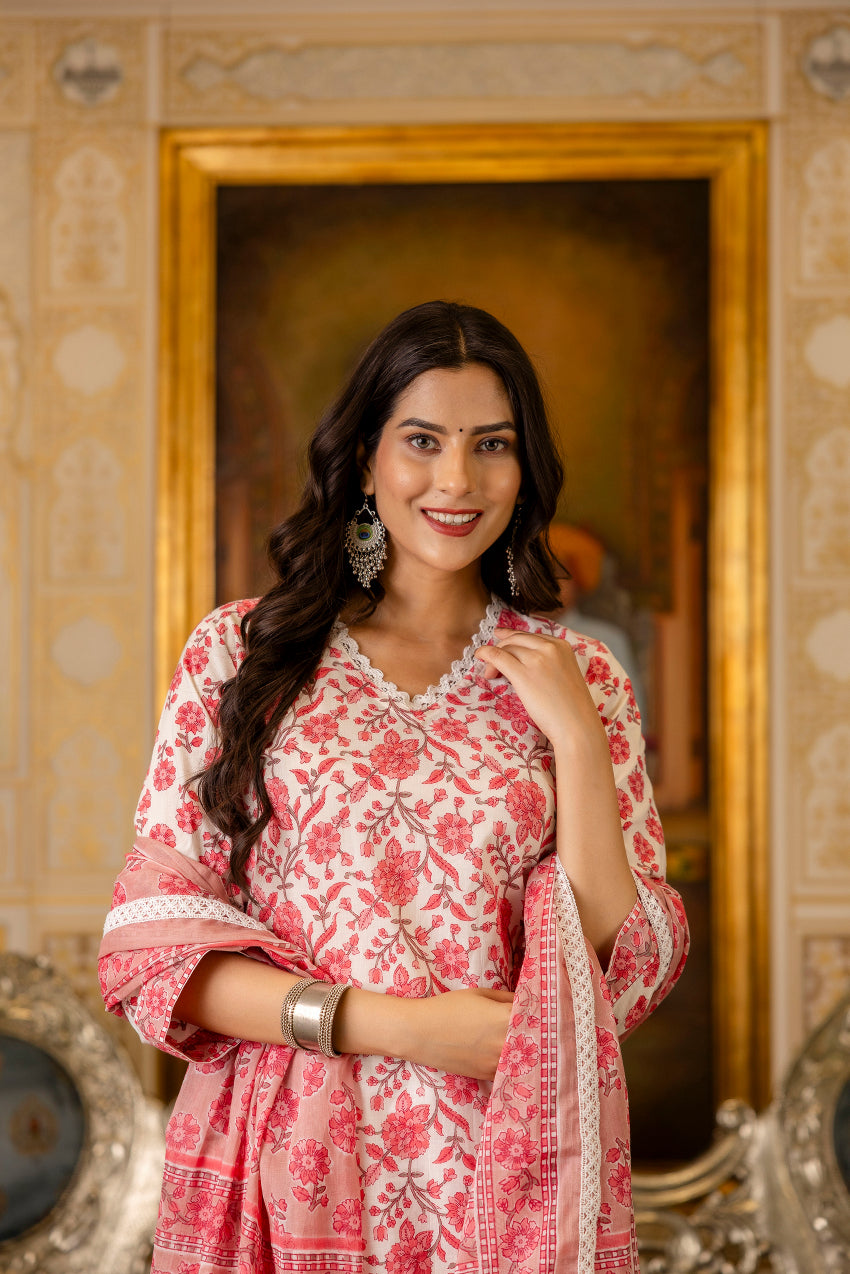 Pink Printed Cotton Suit with Dupatta