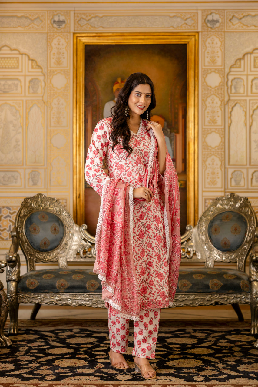 Pink Printed Cotton Suit with Dupatta