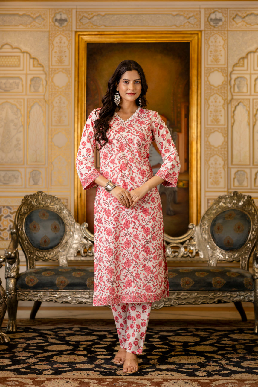 Pink Printed Cotton Suit with Dupatta