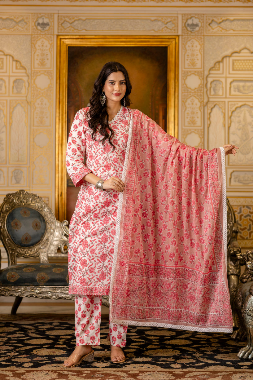 Pink Printed Cotton Suit with Dupatta