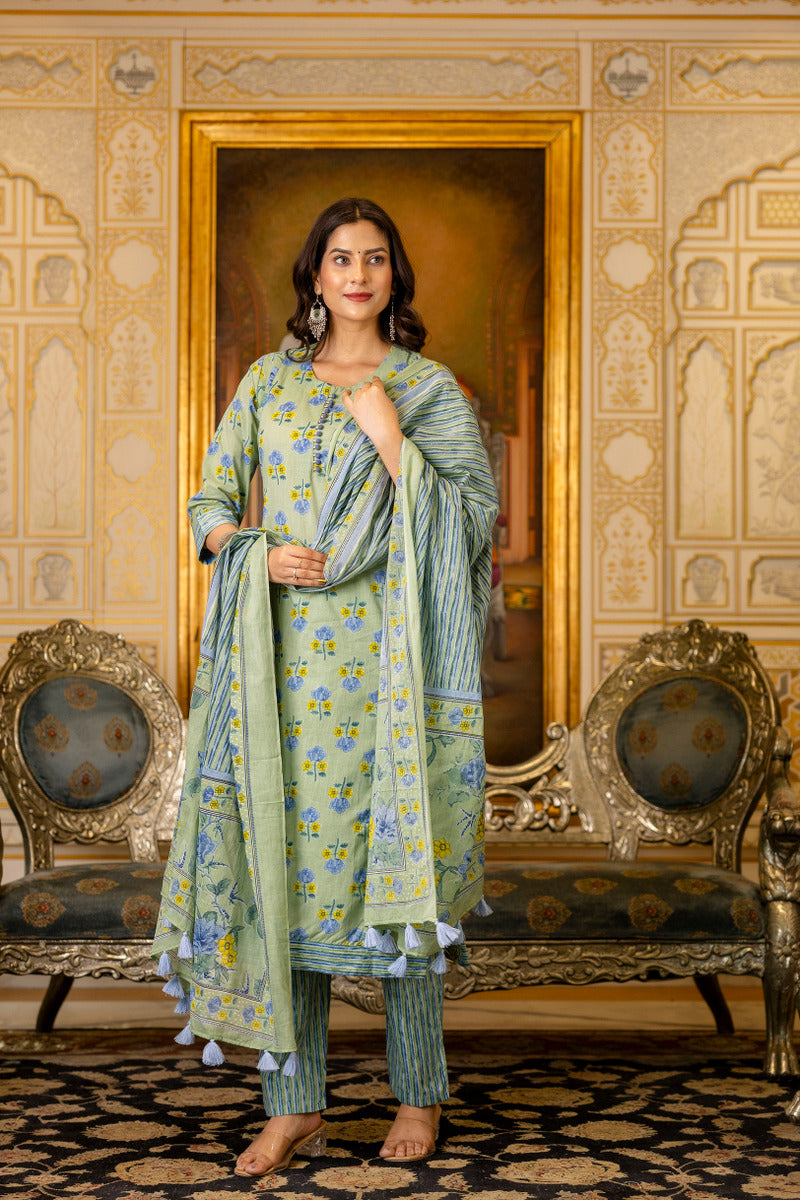 Green Printed Cotton Suit with Dupatta