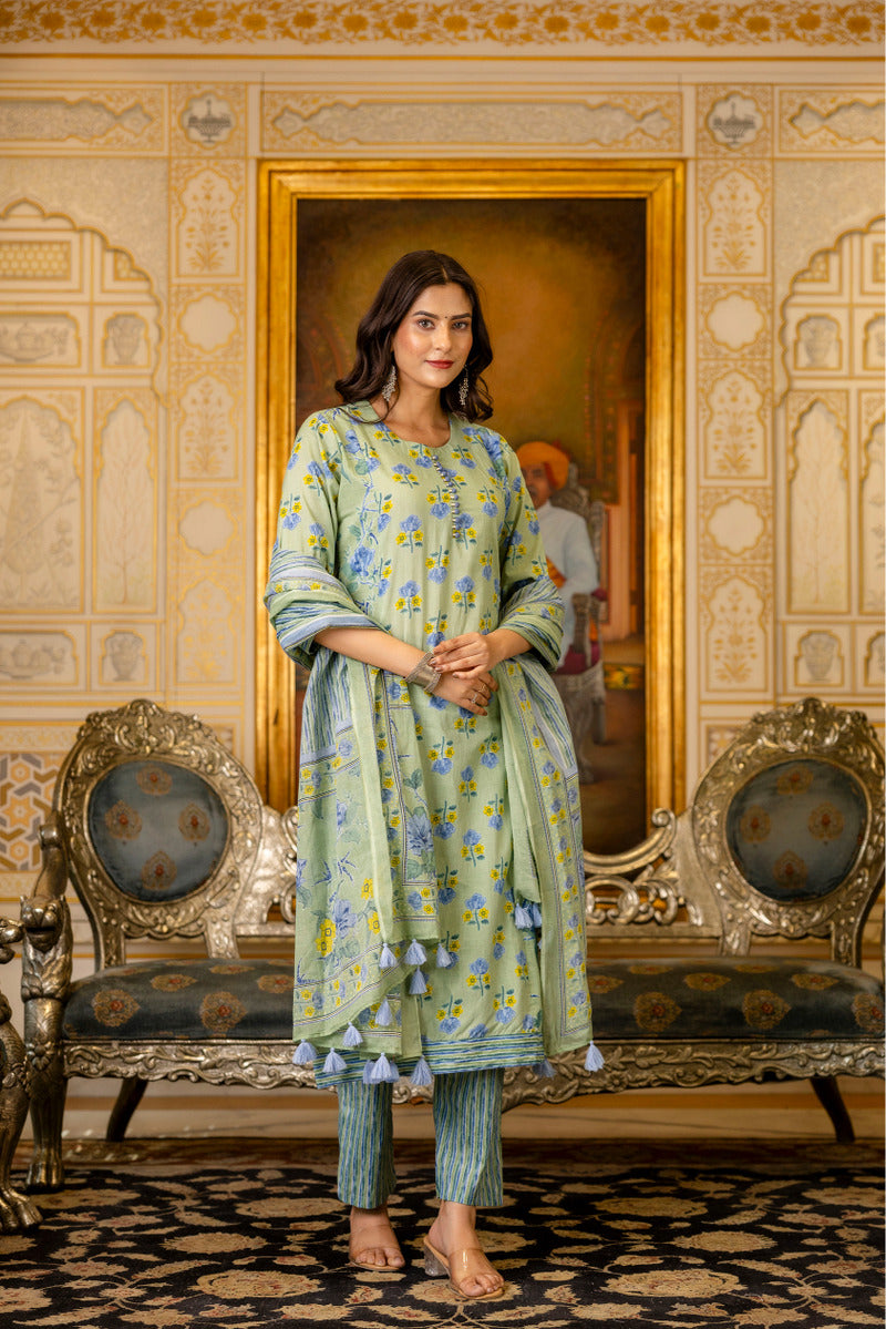 Green Printed Cotton Suit with Dupatta