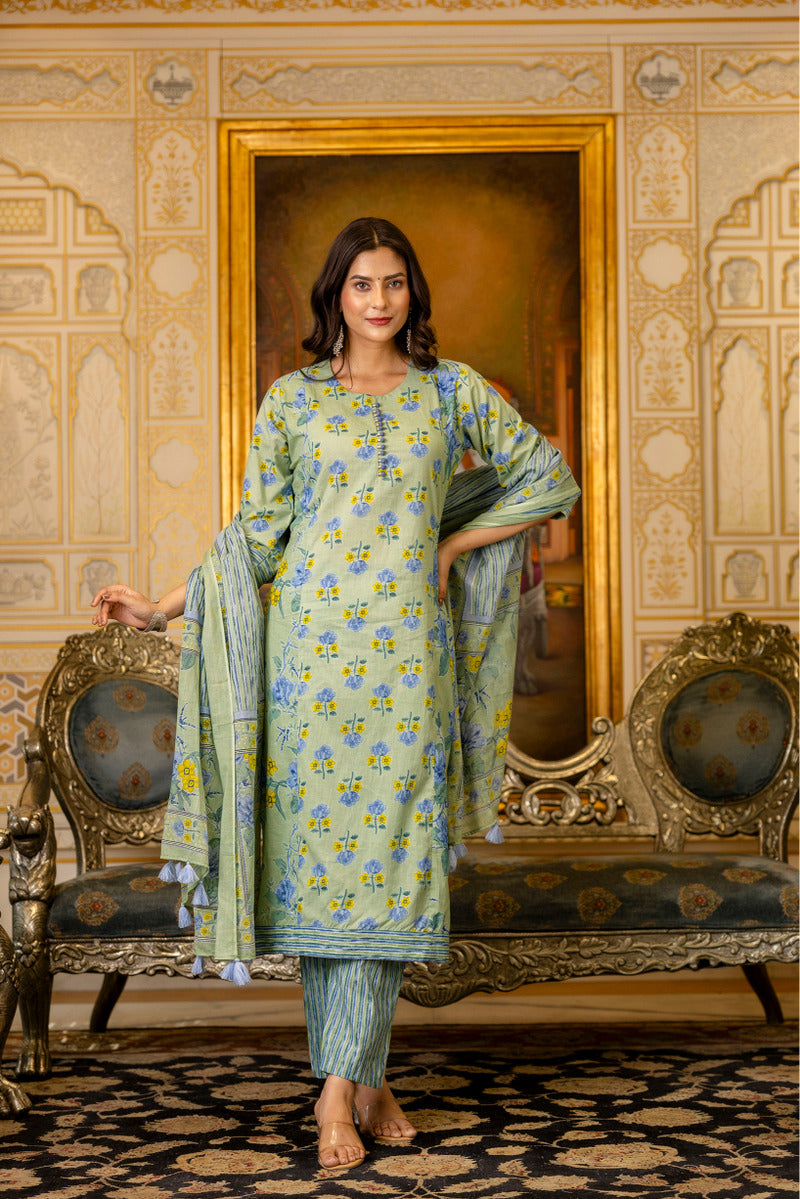 Green Printed Cotton Suit with Dupatta