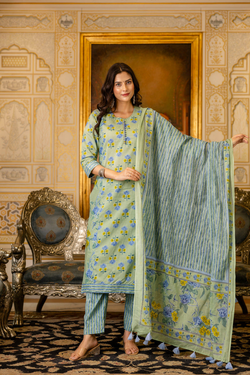 Green Printed Cotton Suit with Dupatta