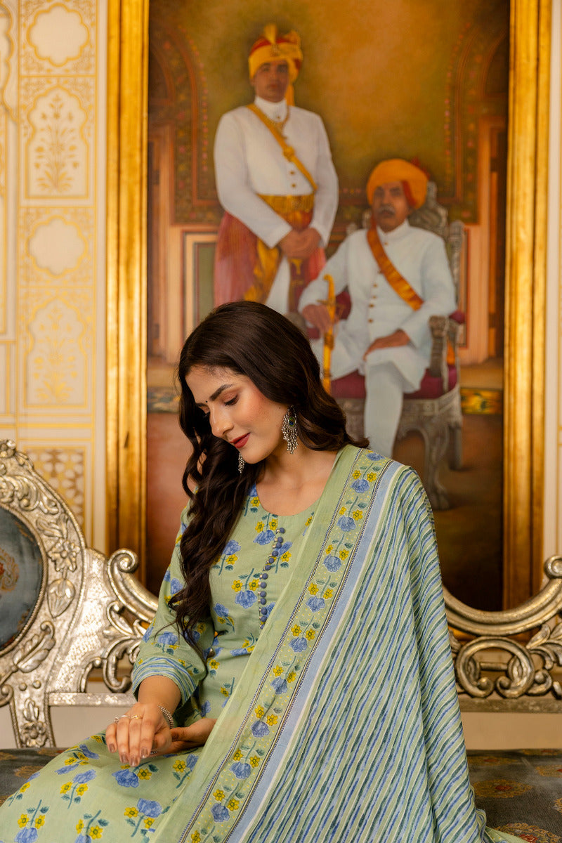 Green Printed Cotton Suit with Dupatta