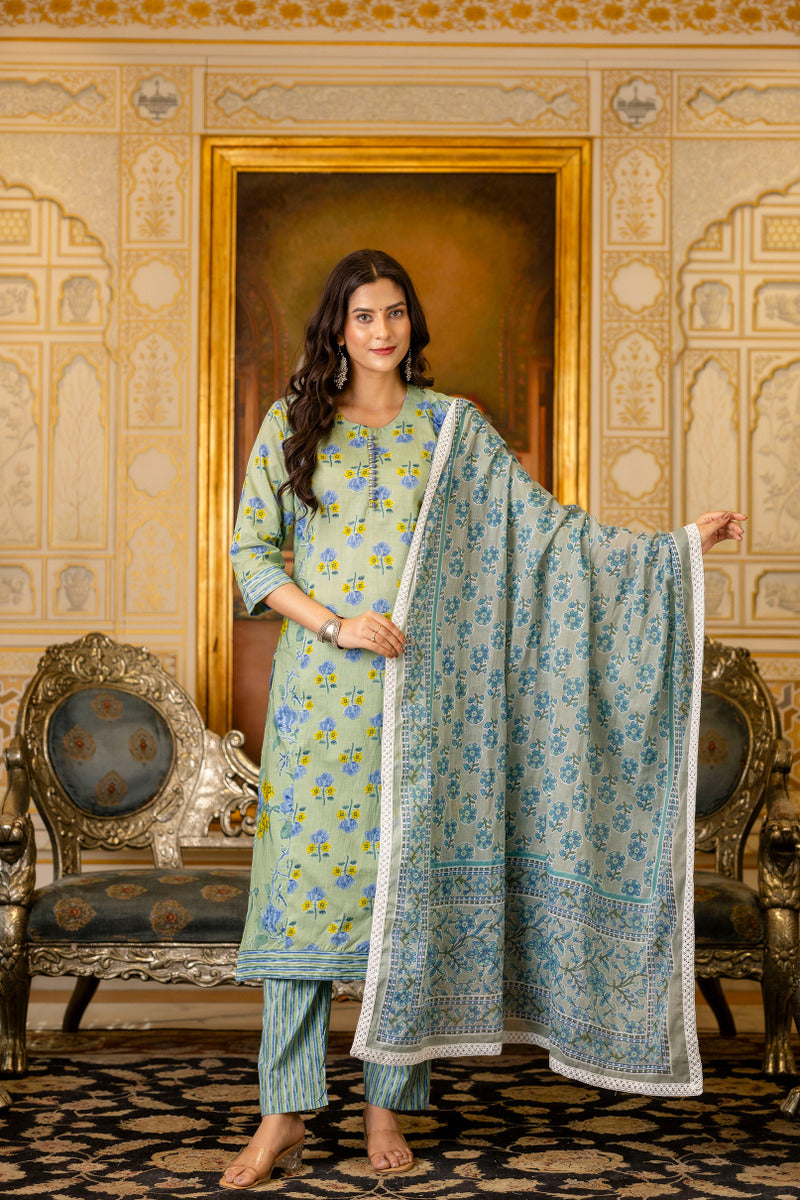 Green Printed Cotton Suit with Dupatta