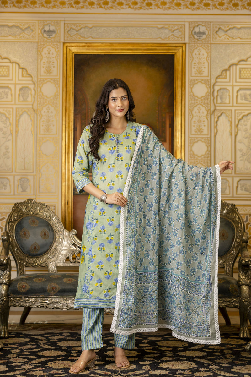 Green Printed Cotton Suit with Dupatta