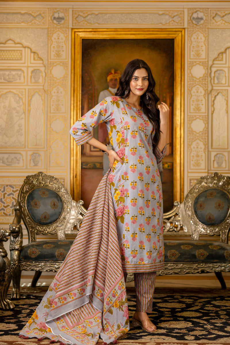 Grey Printed Cotton Suit with Dupatta