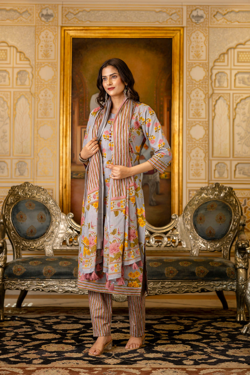 Grey Printed Cotton Suit with Dupatta