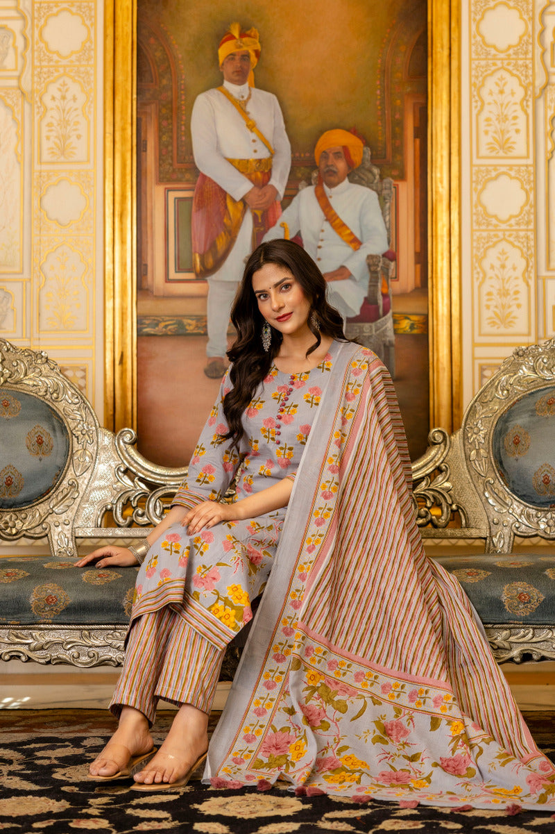 Grey Printed Cotton Suit with Dupatta