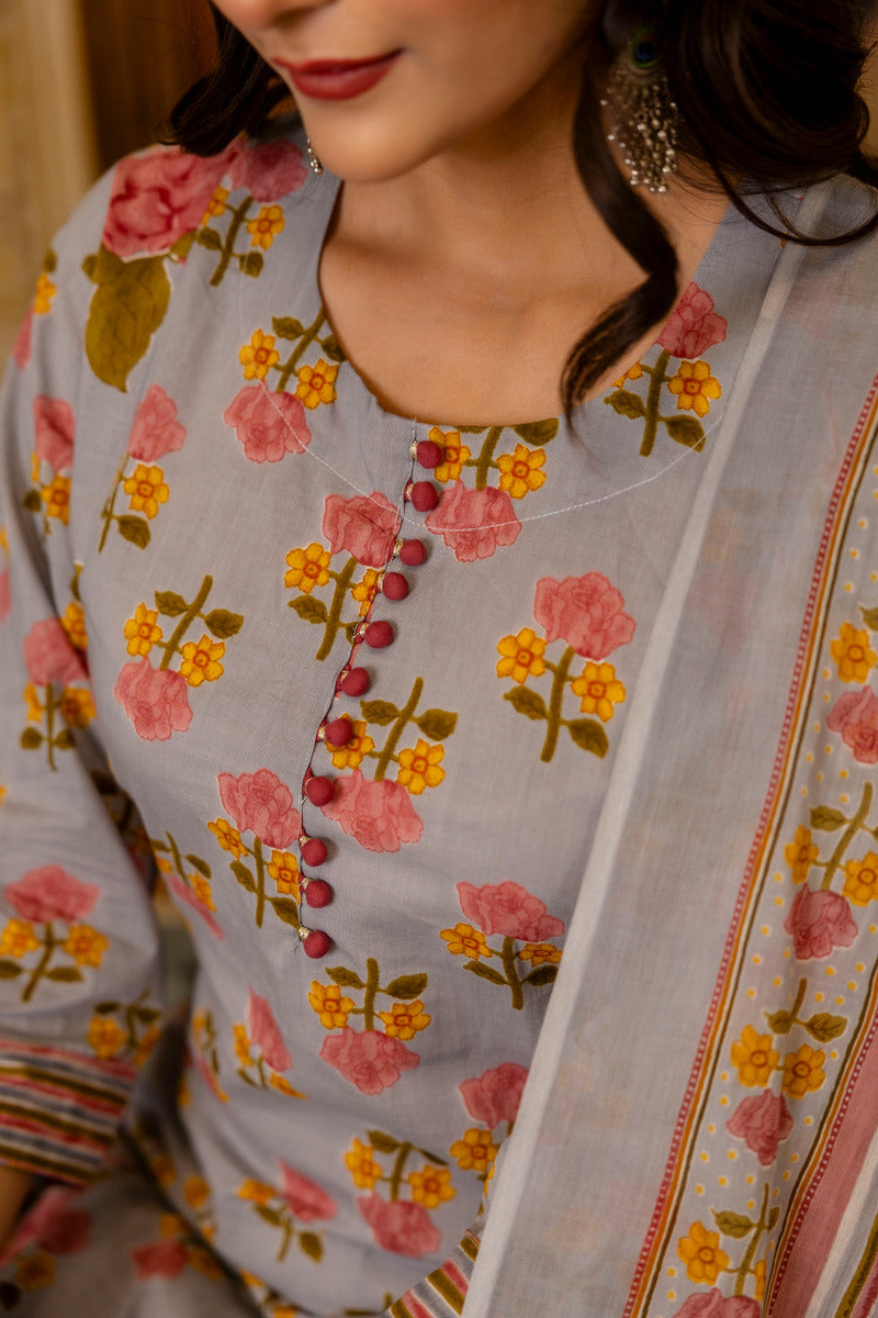 Grey Printed Cotton Suit with Dupatta