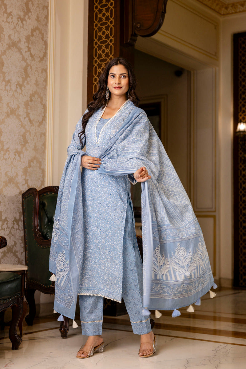 Blue Printed Cotton Suit with Dupatta