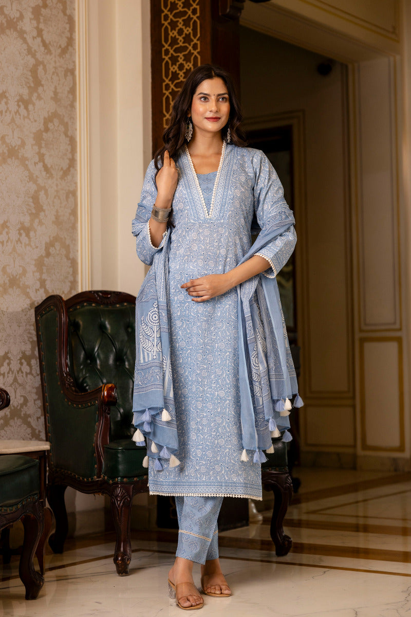 Blue Printed Cotton Suit with Dupatta