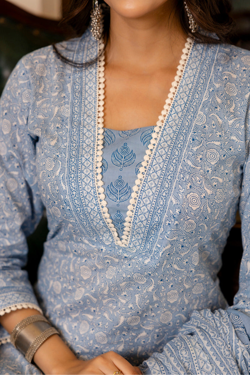 Blue Printed Cotton Suit with Dupatta