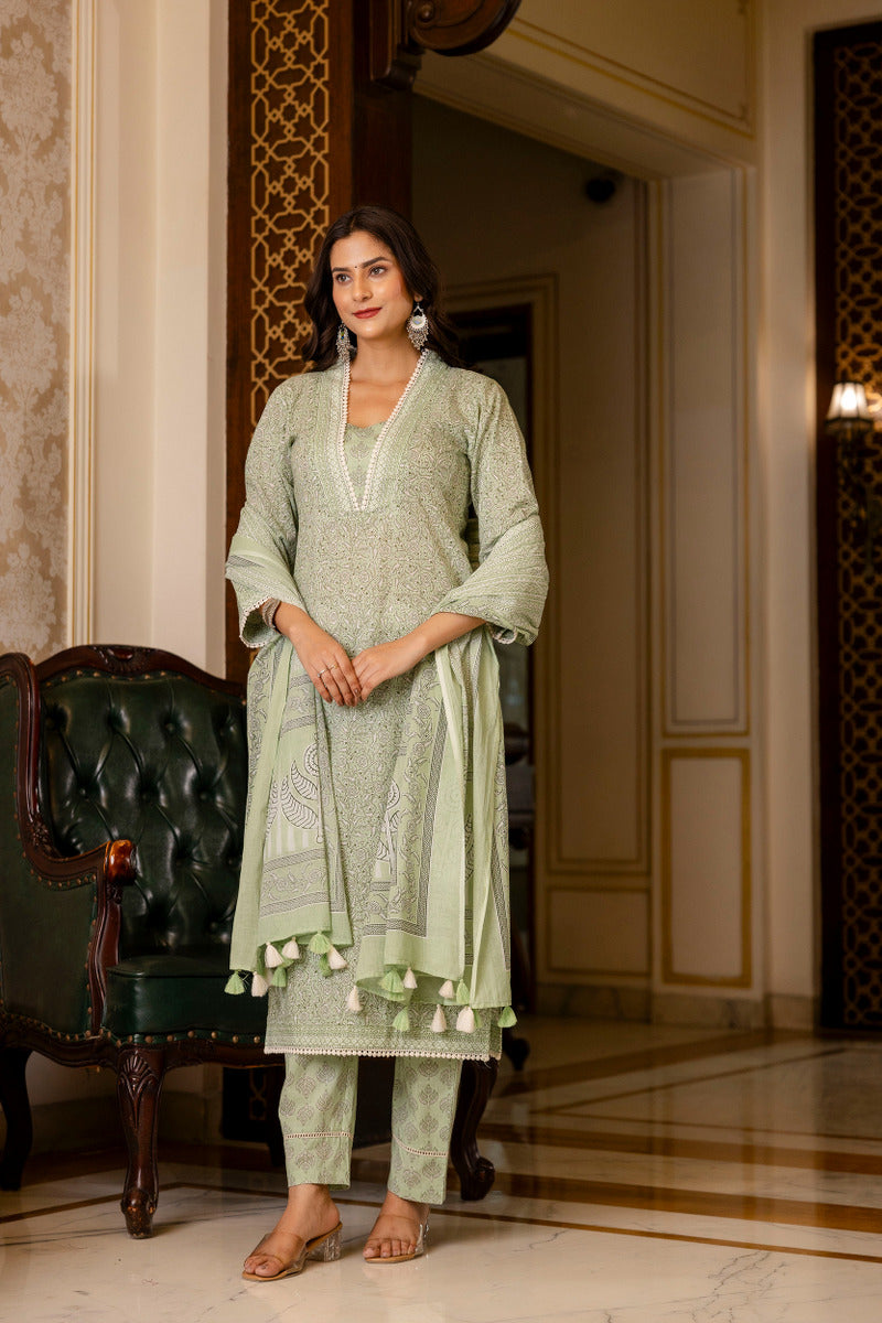 Green Printed Cotton Suit with Dupatta