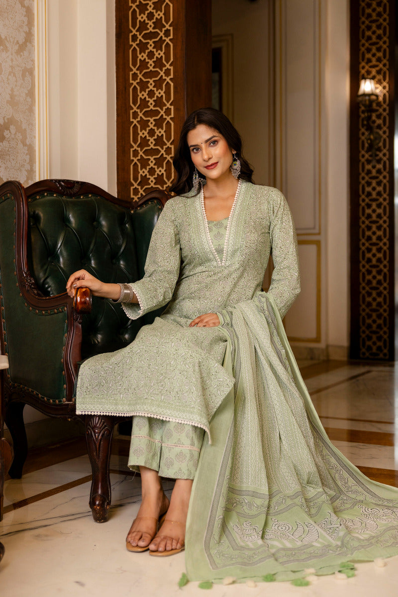 Green Printed Cotton Suit with Dupatta