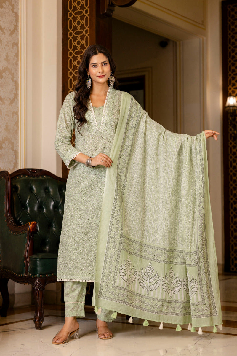 Green Printed Cotton Suit with Dupatta