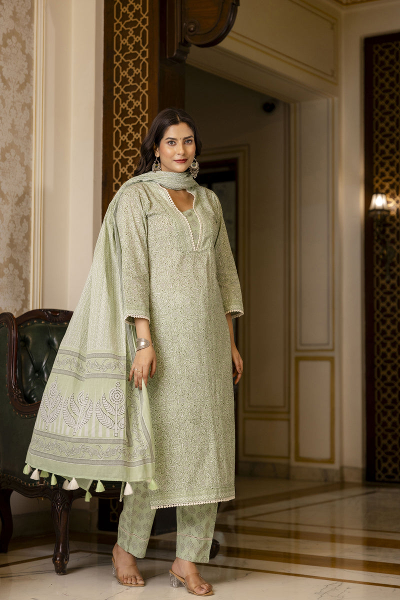 Green Printed Cotton Suit with Dupatta