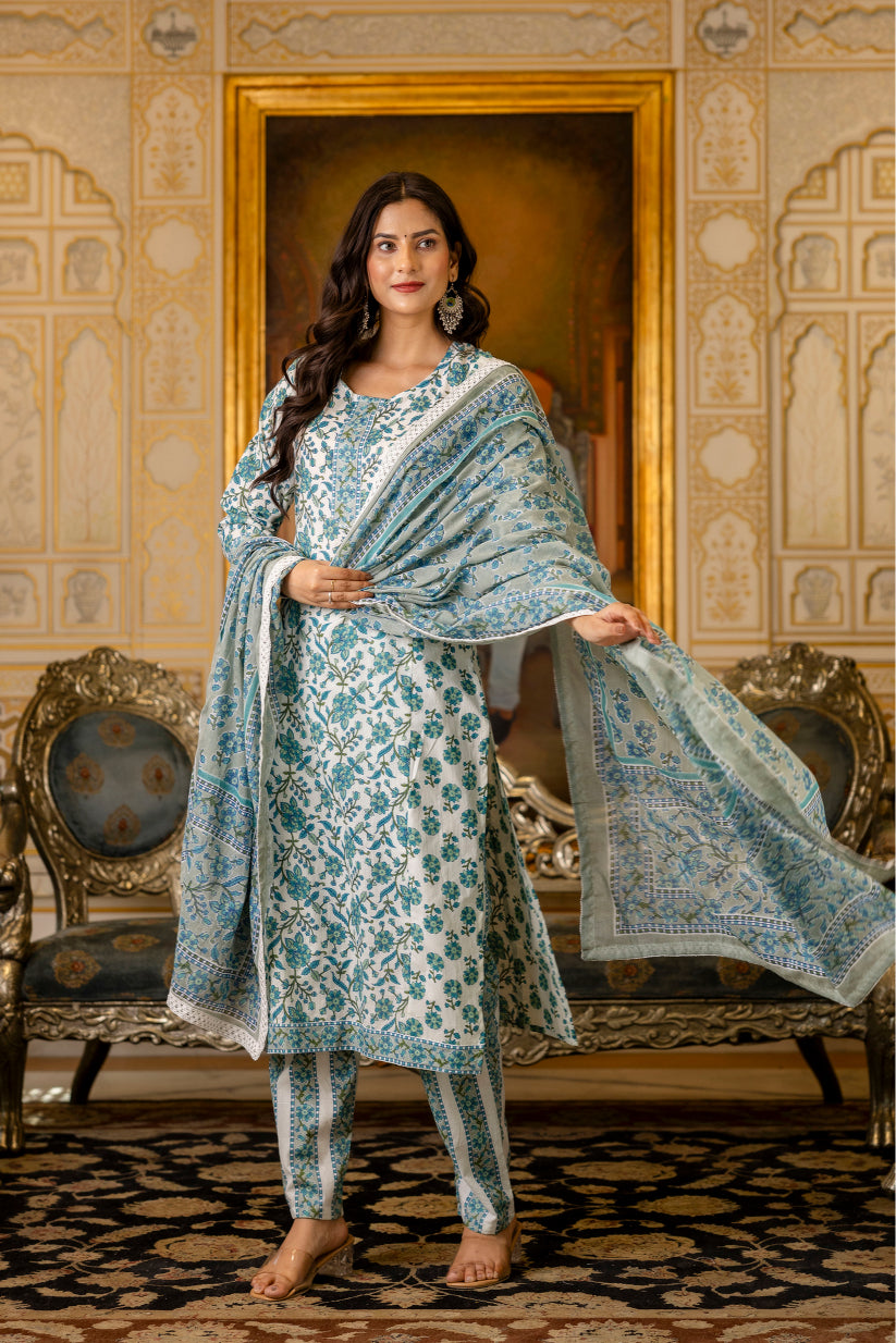 Blue Printed Cotton Suit with Dupatta