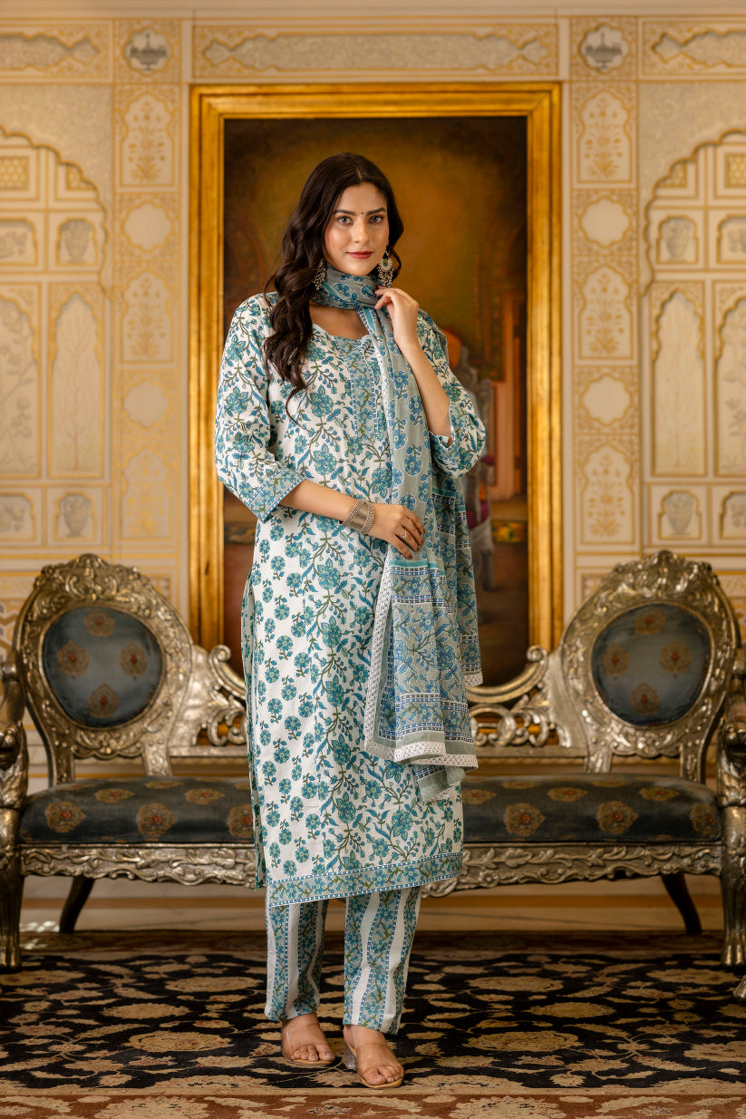 Blue Printed Cotton Suit with Dupatta