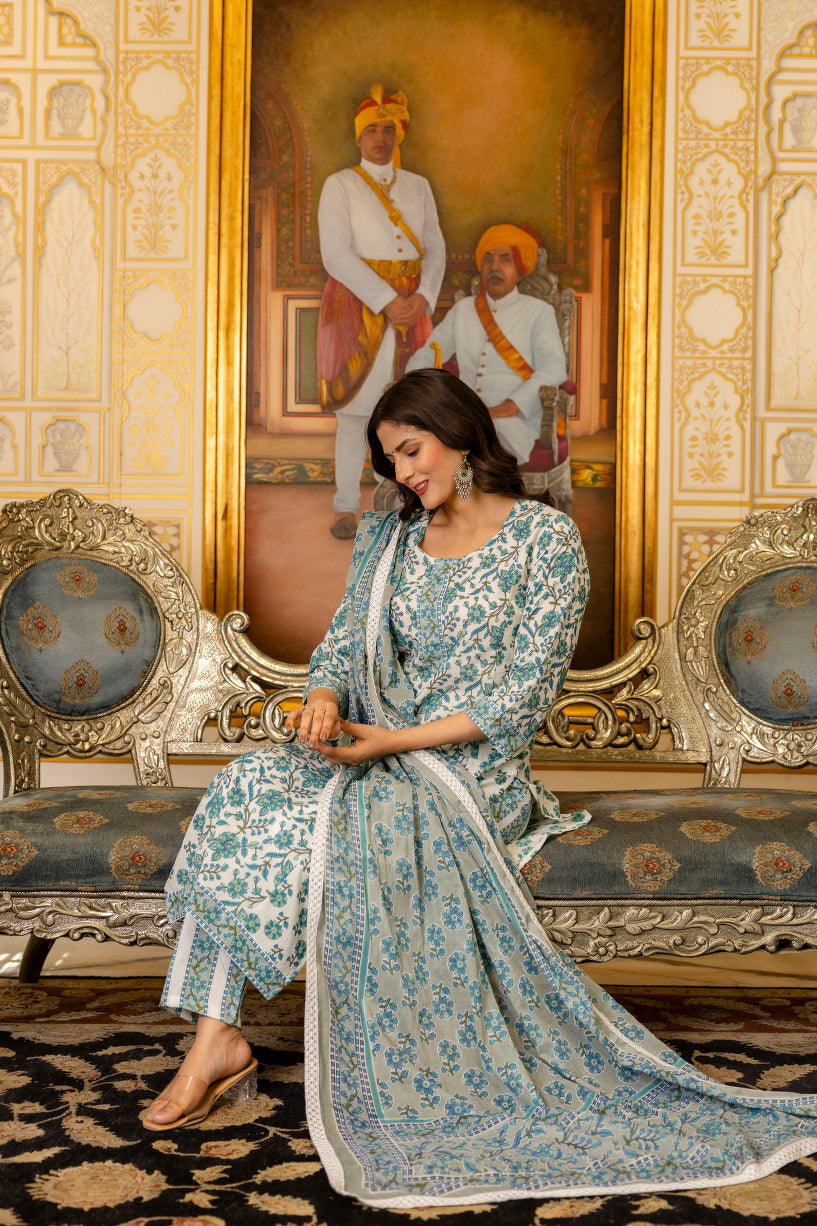 Blue Printed Cotton Suit with Dupatta