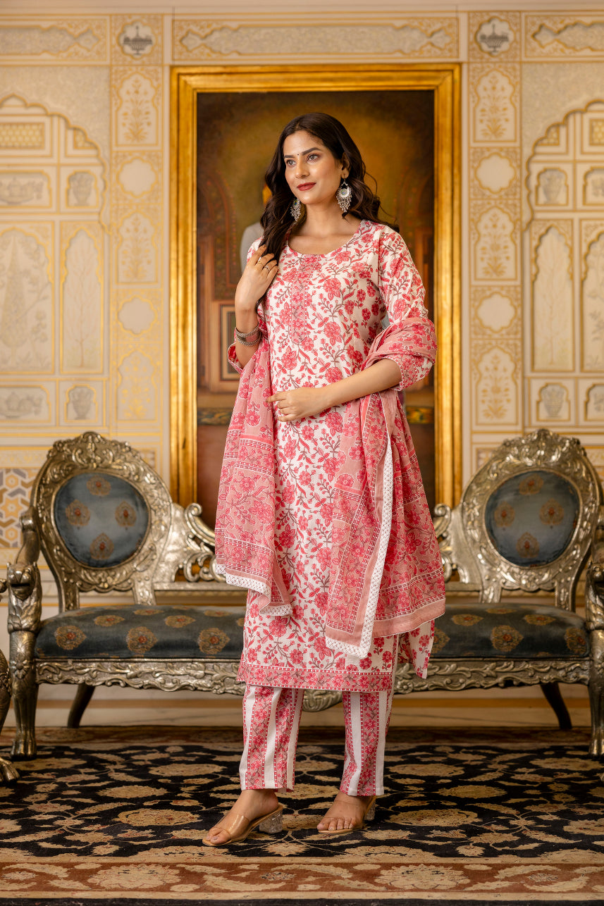 Pink Printed Cotton Suit with Dupatta