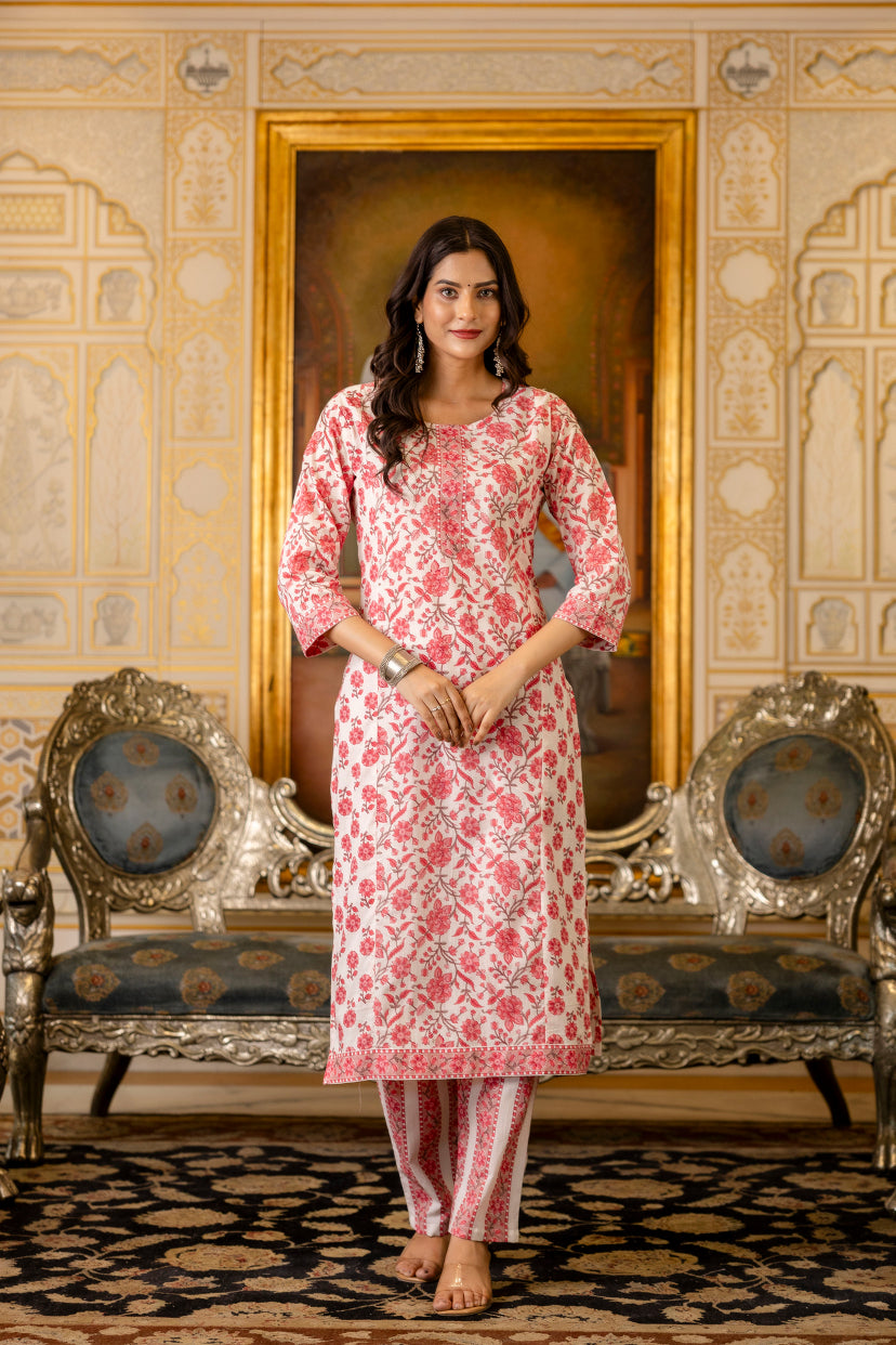 Pink Printed Cotton Suit with Dupatta