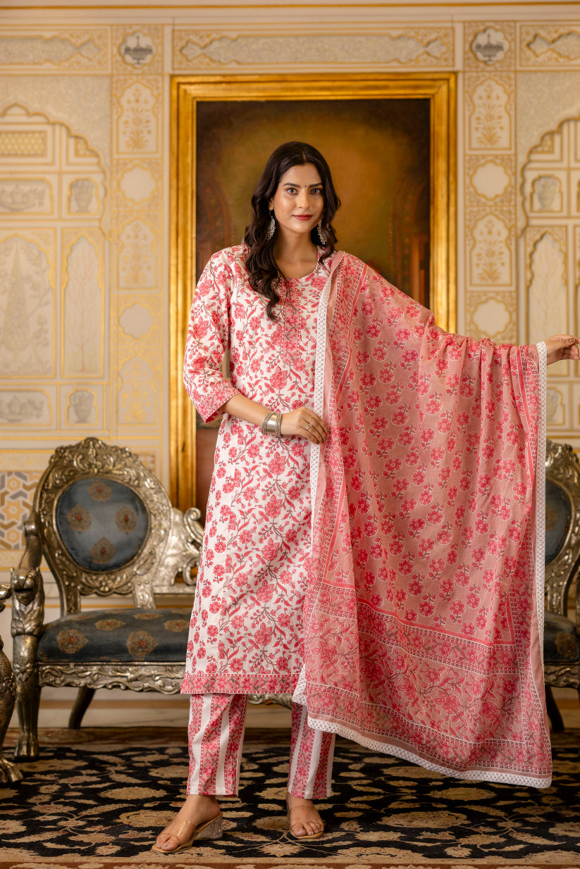 Pink Printed Cotton Suit with Dupatta