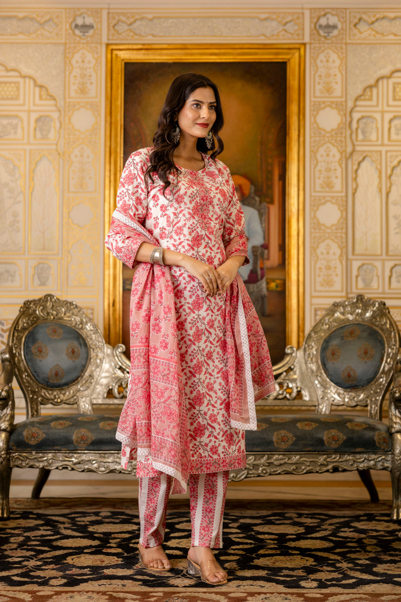 Pink Printed Cotton Suit with Dupatta