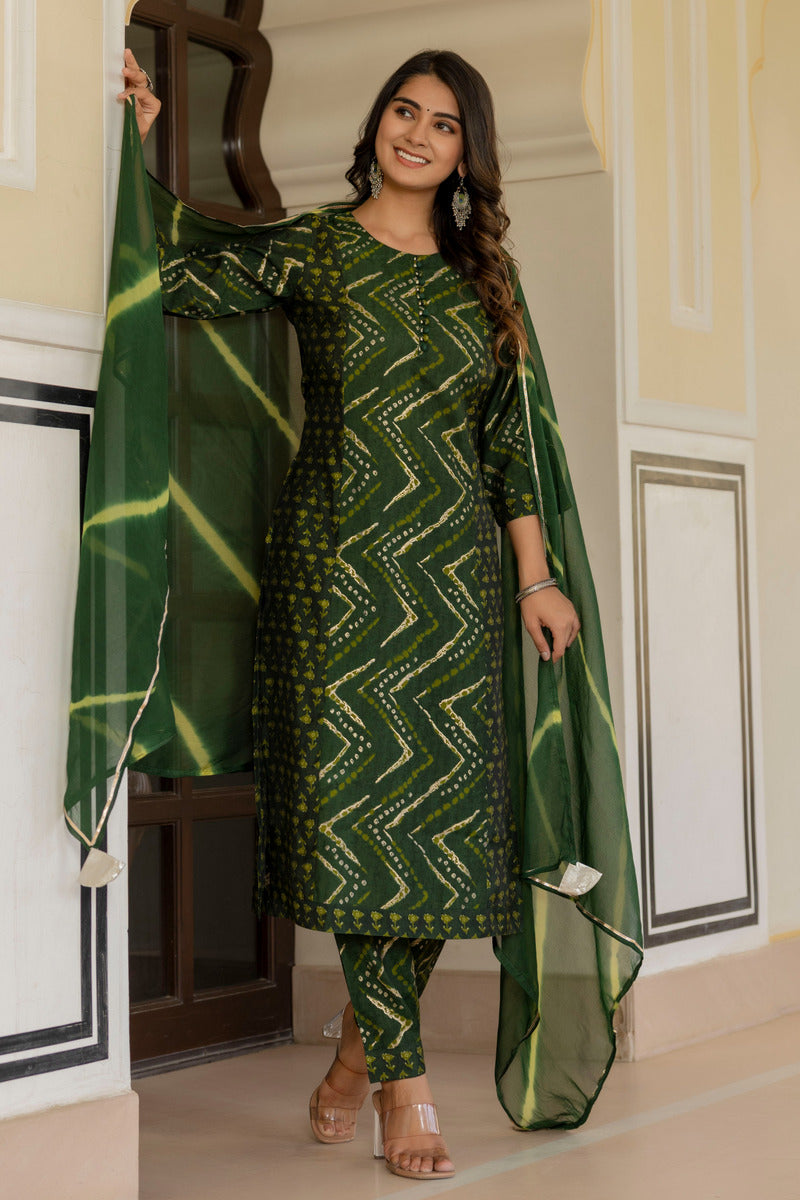 Green Printed Chanderi Suit with Dupatta