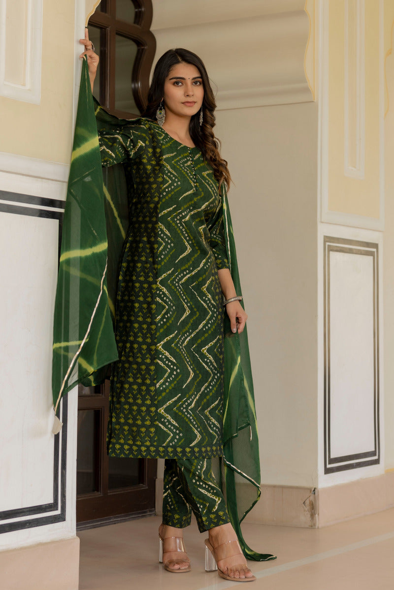 Green Printed Chanderi Suit with Dupatta