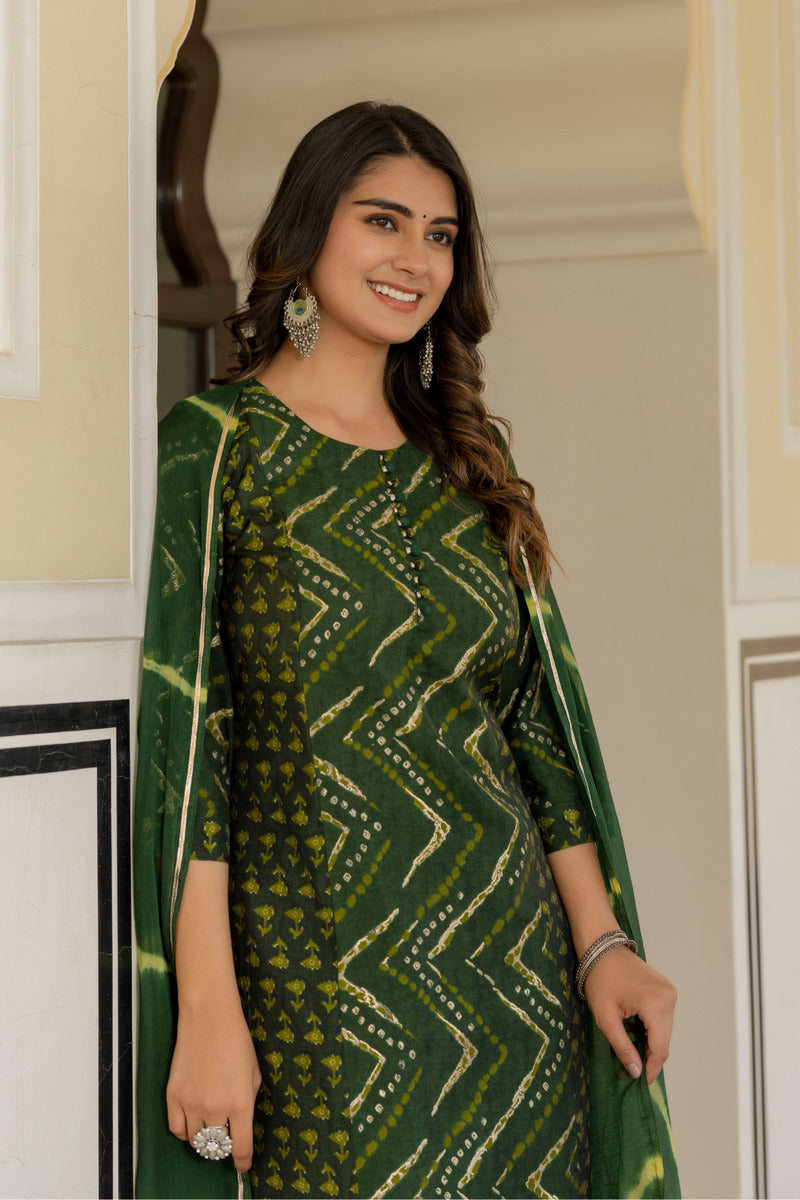 Green Printed Chanderi Suit with Dupatta