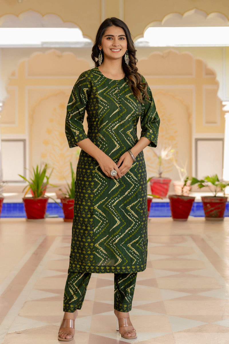 Green Printed Chanderi Suit with Dupatta