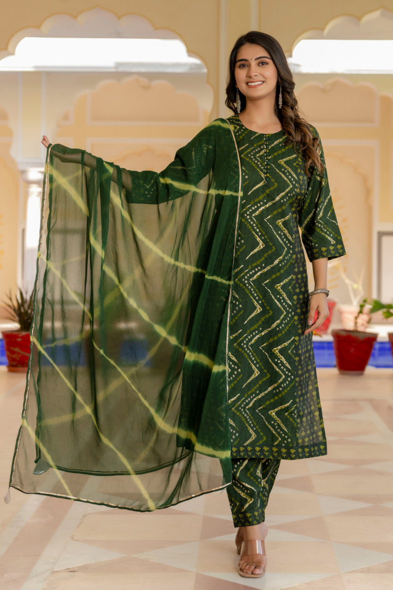 Green Printed Chanderi Suit with Dupatta