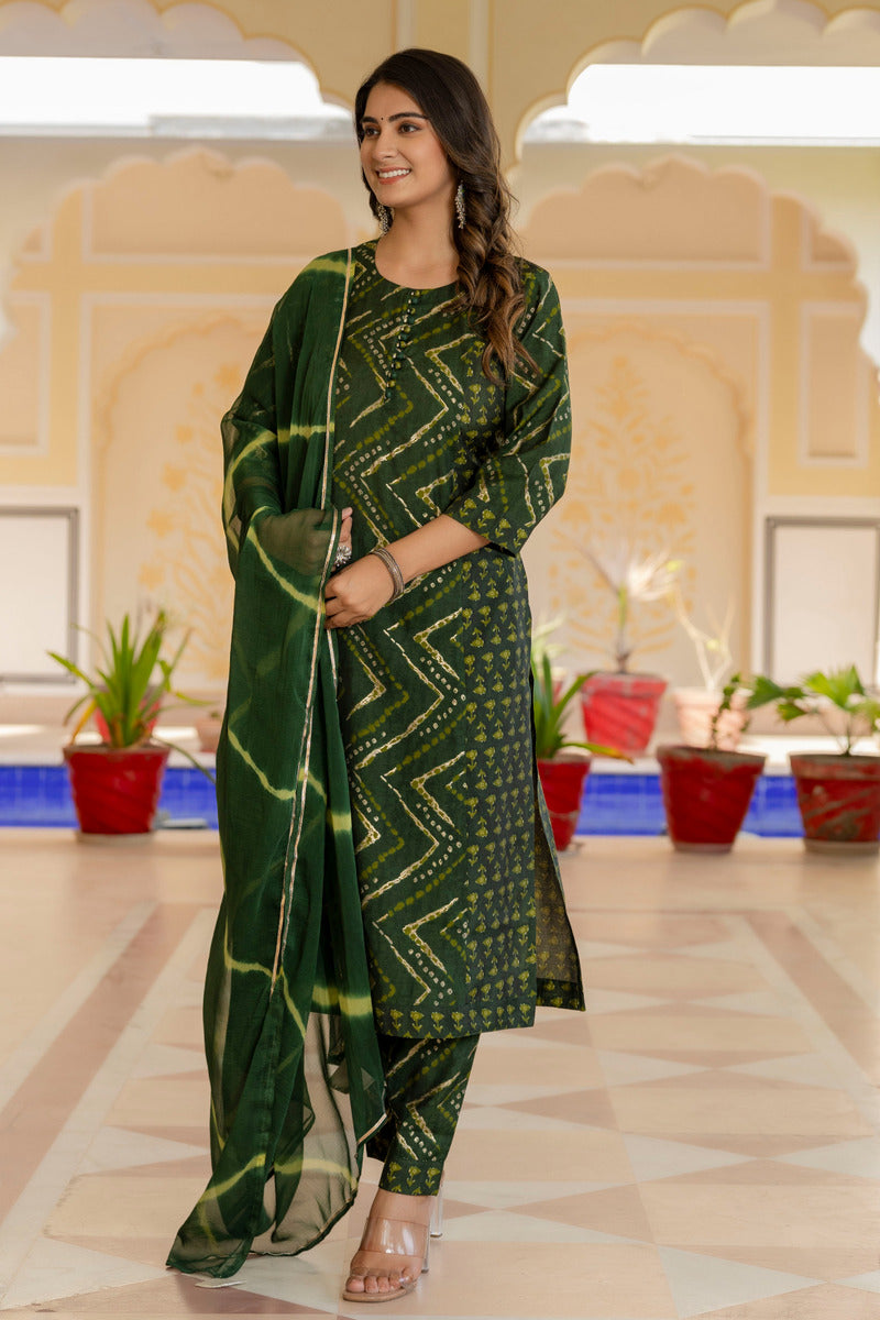 Green Printed Chanderi Suit with Dupatta