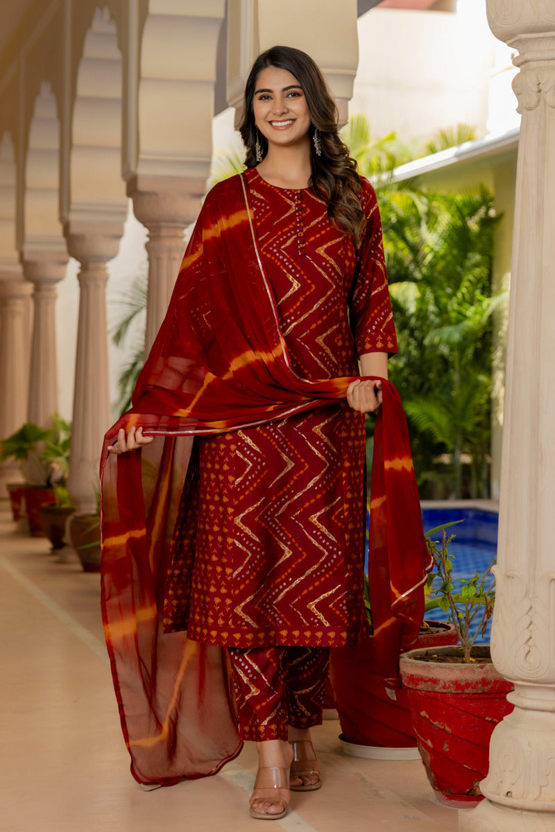 Red Printed Chanderi Suit with Dupatta