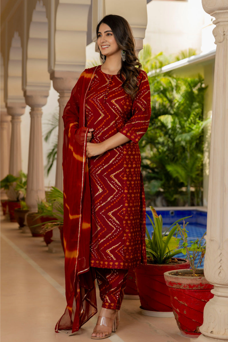 Red Printed Chanderi Suit with Dupatta