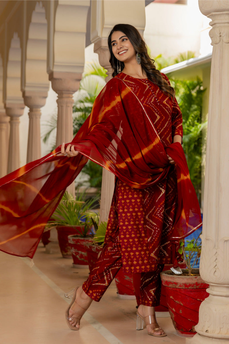 Red Printed Chanderi Suit with Dupatta