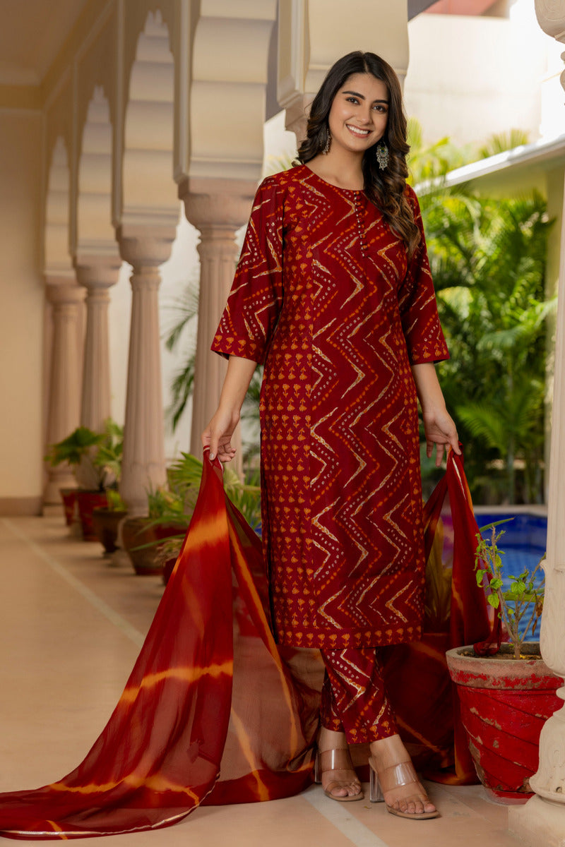 Red Printed Chanderi Suit with Dupatta