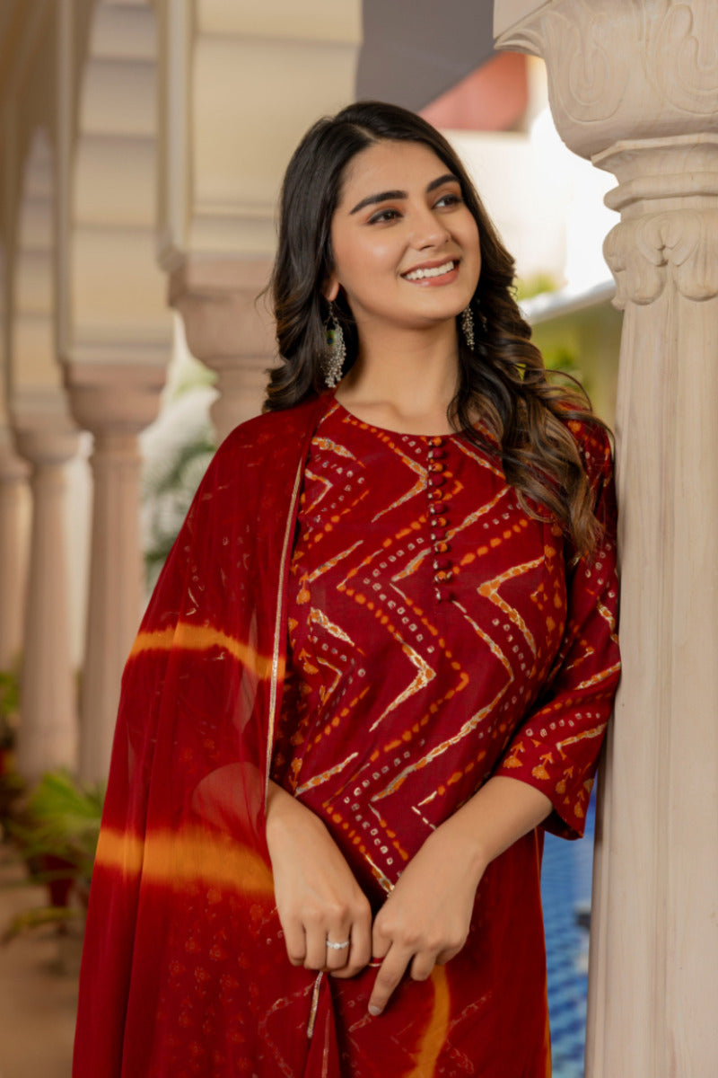 Red Printed Chanderi Suit with Dupatta