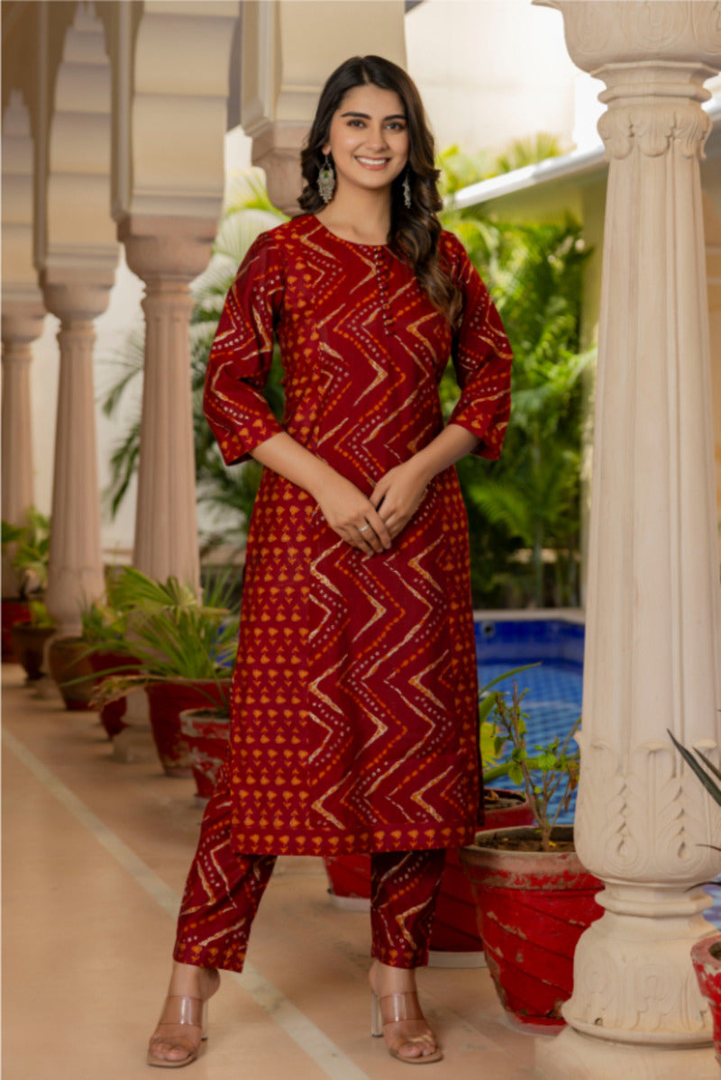 Red Printed Chanderi Suit with Dupatta