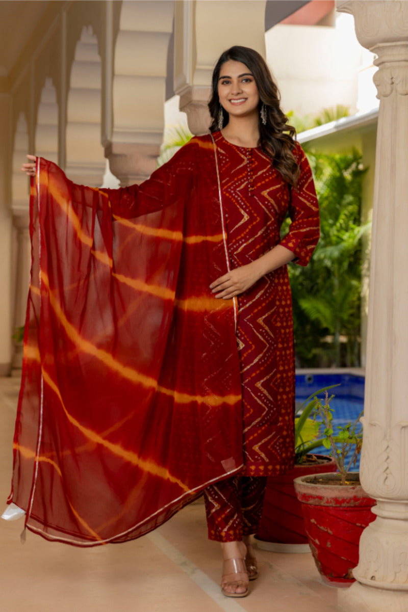 Red Printed Chanderi Suit with Dupatta